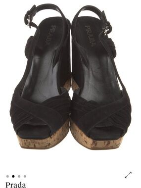 Prada Black Suede Cork Platform Wedge Sandals